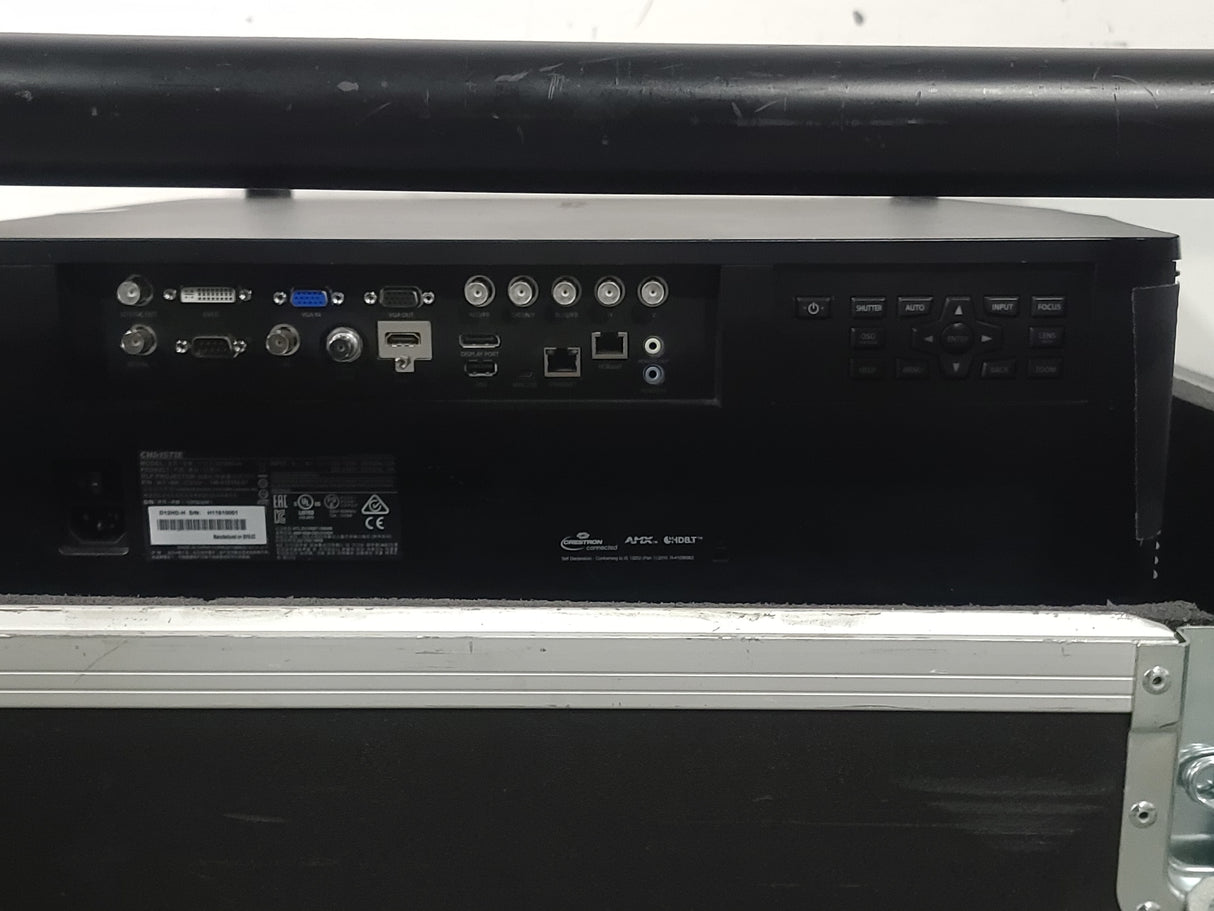 Christie D12HD-H (Lamp 1 84, Lamp 2 84 Hours) 10,000 Lumens HD 0.95" DLP x 1 1080P Large Venue Projector (NO LENS) In Wheeled Road Case (NEEDS REPAIRS)