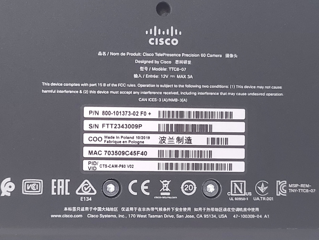 Cisco CTS-CAM-P60 TelePresence Precision 60 Conferencing Camera (New - Sealed Box)