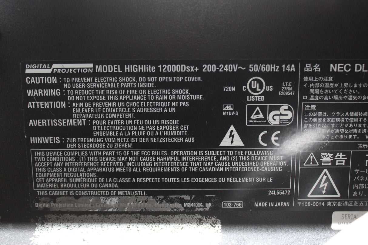 Digital Projection HL12000DSX Large Venue Projector (1171 Hours) w/ Lens (FOR PARTS) & Dolly