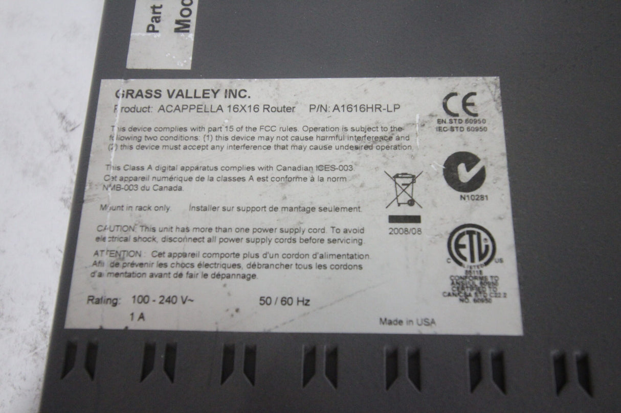 Grass Valley A1616HR-LP 16x16 Analog Video Router