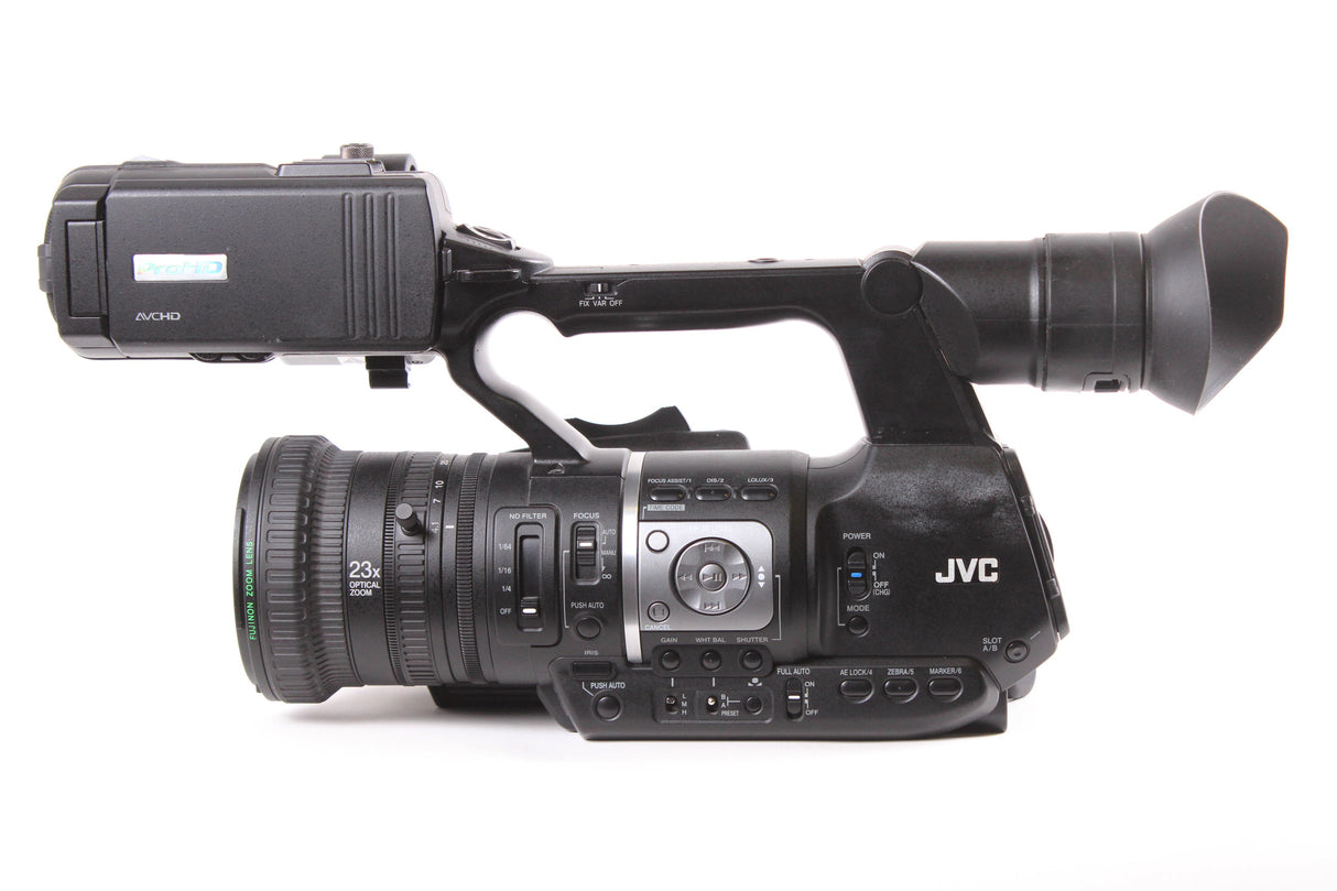 JVC GY-HM600U HD Memory Card Camera and Fujinon 23x Optical Zoom Lens w/ PSU & Battery & External Shotgun Mic w/ Windscreen