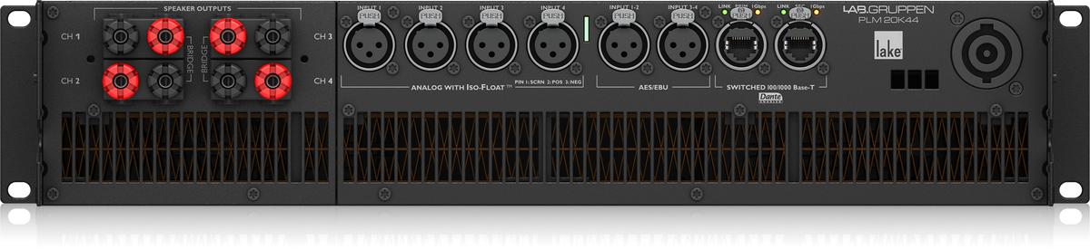 Lab Gruppen PLM 20K44 BP_002 20,000W Amplifier with 4 Flexible Output-Channels on Binding Post Connectors, Lake Digital Signal Processing and Digital Audio Networking for Touring Applications