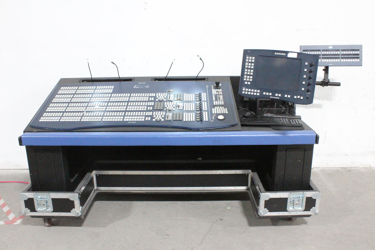 Mobile Production Desk w/ Snell & Wilcox Kahuna Digital Switcher (9648200), Snell & Wilcox Kahuna Panel (9658100), Snell & Wilcox 9648700 Monitor Display, Nevion SL-32XY-CP 32x32 Digital Audio Router RU, 2RU Double Sided Hard Case