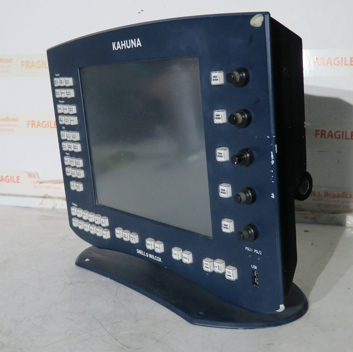 Mobile Production Desk with Snell & Wilcox Kahuna Digital Switcher (9648200), Snell & Wilcox Kahuna Panel (9658100), Snell & Wilcox 9648700 Monitor Display, Nevion SL-32XY-CP 32x32 Digital Audio Router RU, 2RU Double Sided Hard Case