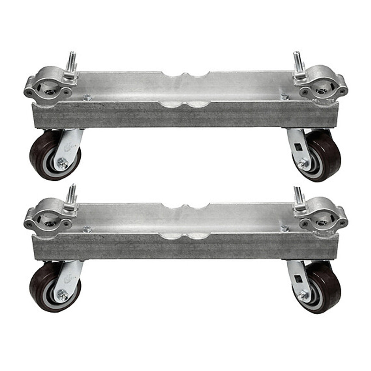 The Light Source Mega-Truss Dolly for two 12" 290V Milos Truss with Mega-Couplers attached to the outside, Silver