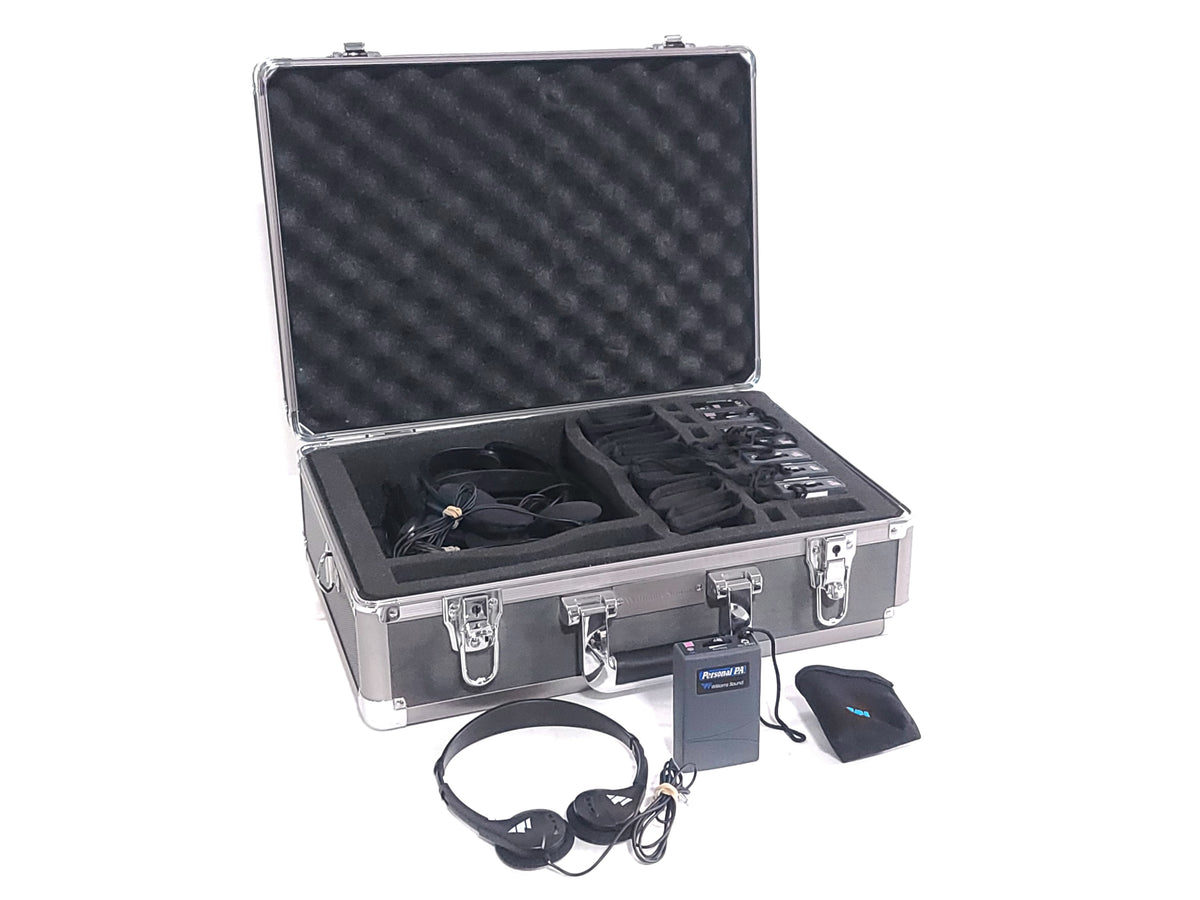 Williams Sound Personal P.A. Tour Guide System Kit w/ T16 Transmitter, (7) R7 FM, Single Ear Headphone, (7) Headphones and (8) Body Pack Pouches in Hard Carrying Case