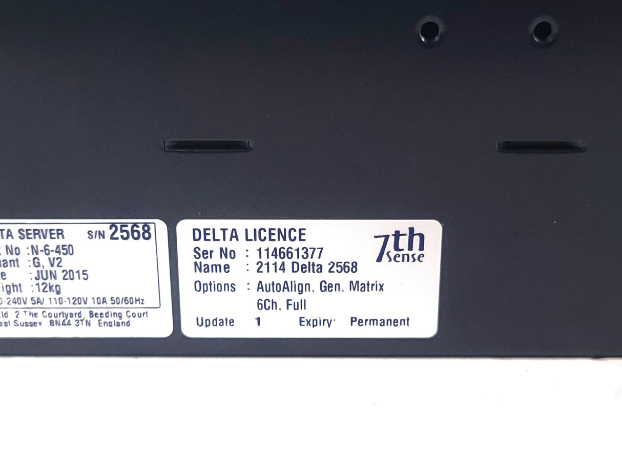 AVGear.com Delta Media Server 7th Sense identification label showing serial number and license details.