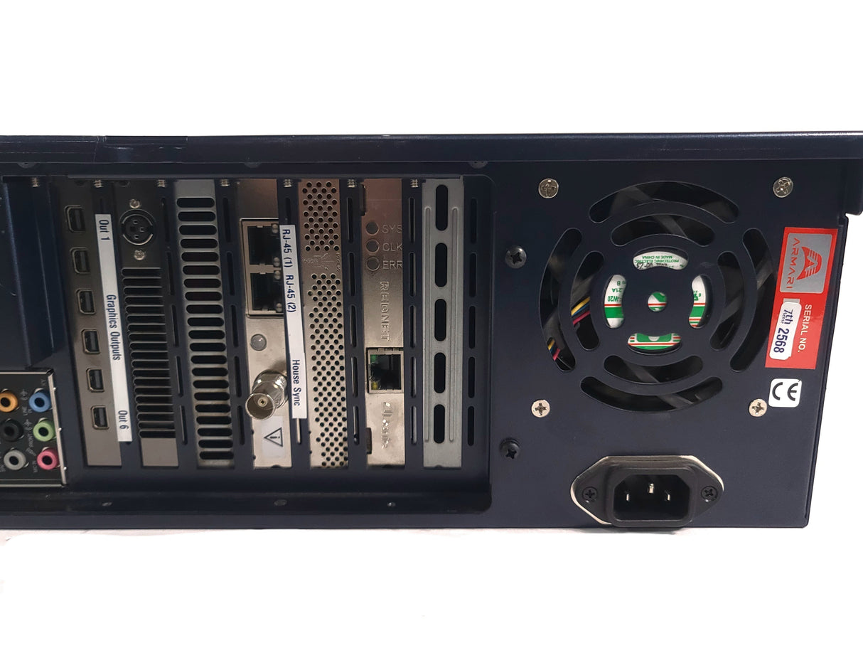 Rear panel of AVGear.com Delta Media Server showing graphics outputs, RJ-45 ports, and cooling fan.