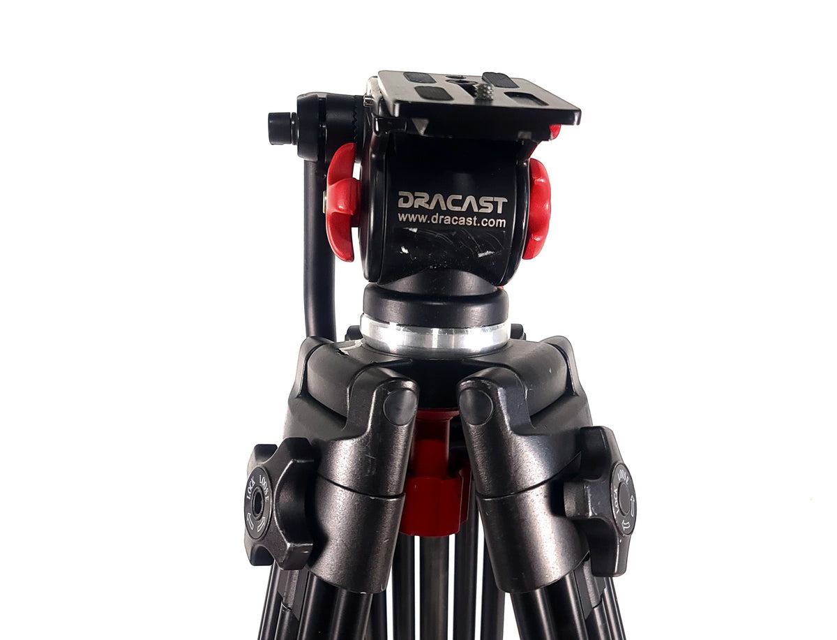 AVGear.com Dracast fluid head tripod featuring black aluminum construction with red adjustment knobs and quick-release