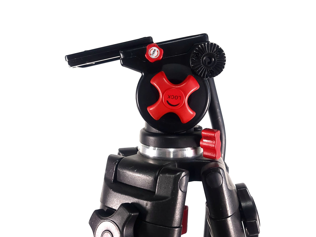AVGear.com Dracast fluid head tripod with red locking knobs and quick-release plate for professional video production