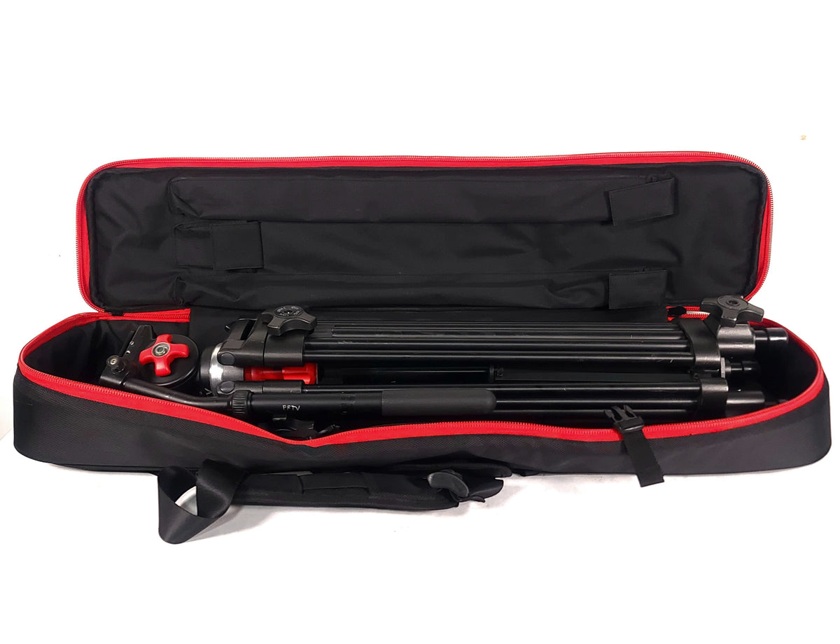 AVGear.com Dracast fluid head tripod folded inside a black and red iFootage soft carry bag for professional video.