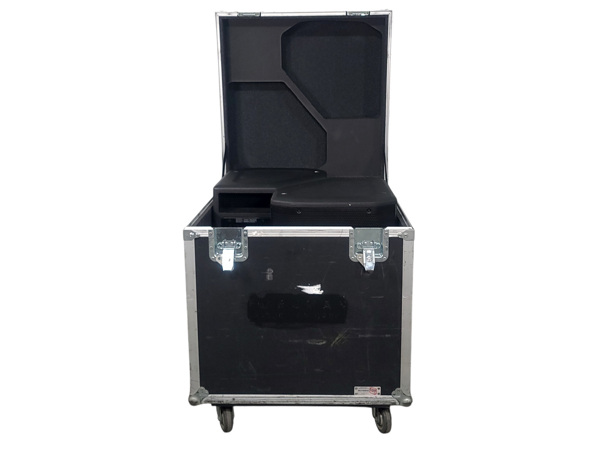 (2) JBL PRX615M 15-inch Two-Way Self-Powered Speakers in Wheeled Road Case