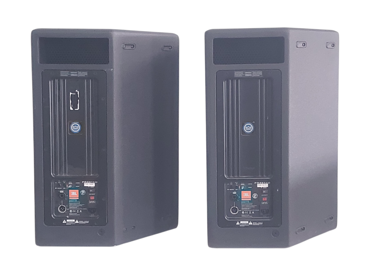 (2) JBL PRX615M 15-inch Two-Way Self-Powered Speakers in Wheeled Road Case