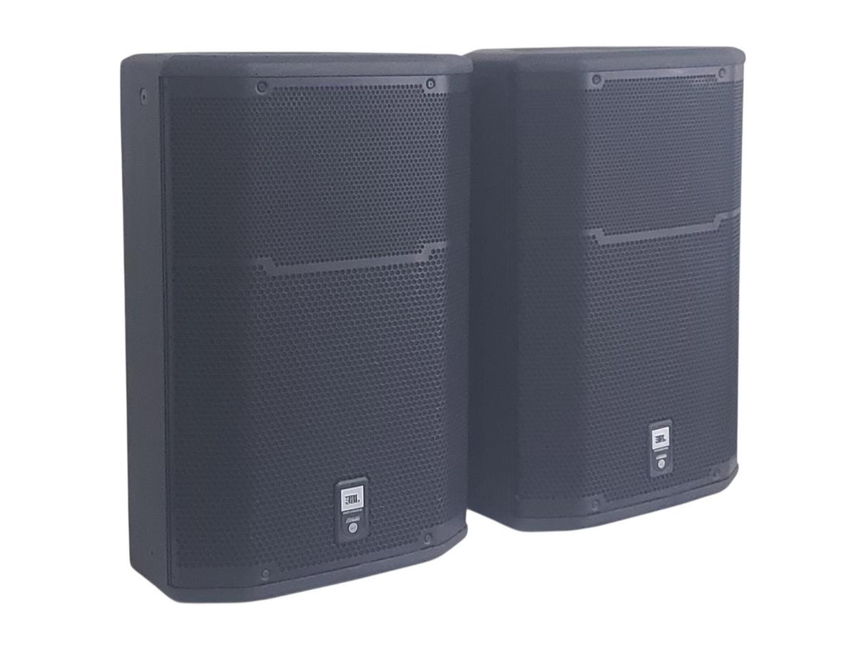 (2) JBL PRX615M 15-inch Two-Way Self-Powered Speakers in Wheeled Road Case
