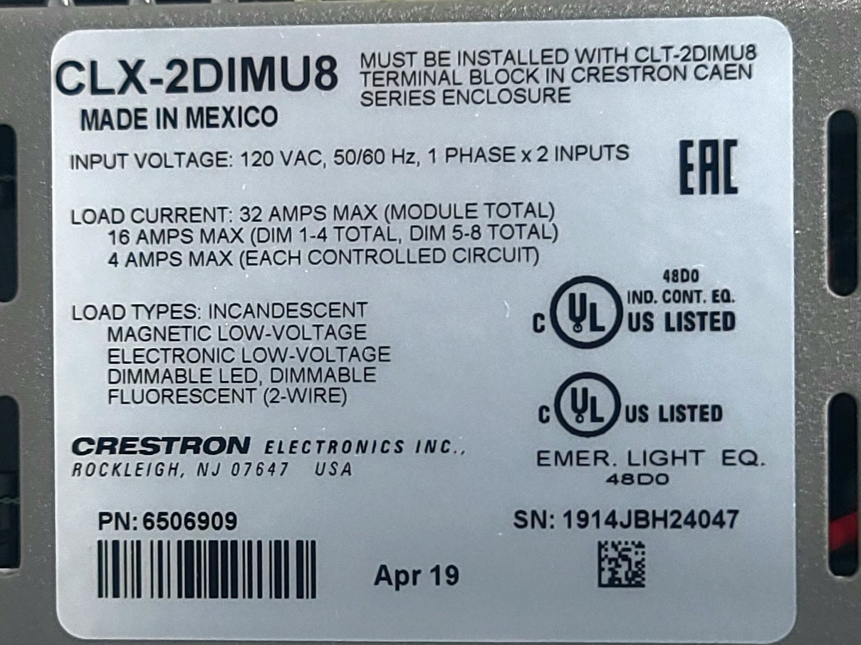 Crestron CLX-2DIMU8 8-Channel Universal Dimmer Module, 2 Feeds, 120V in Original Box