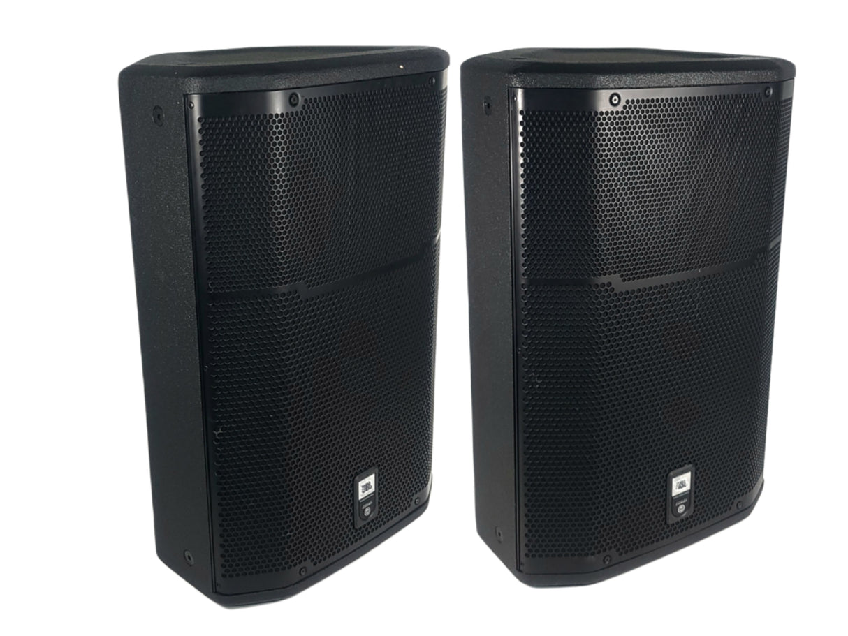(2) JBL PRX615M 15-inch Two-Way Self-Powered Speakers in Wheeled Road Case