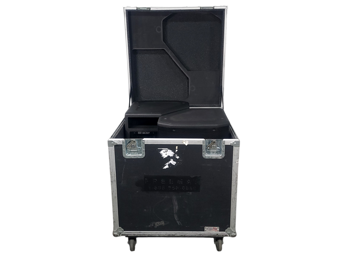 (2) JBL PRX615M 15-inch Two-Way Self-Powered Speakers in Wheeled Road Case