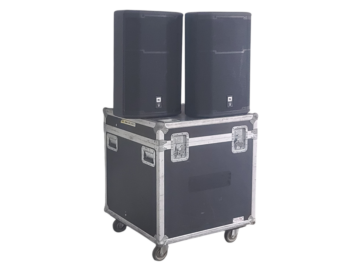 (2) JBL PRX615M 15-inch Two-Way Self-Powered Speakers in Wheeled Road Case