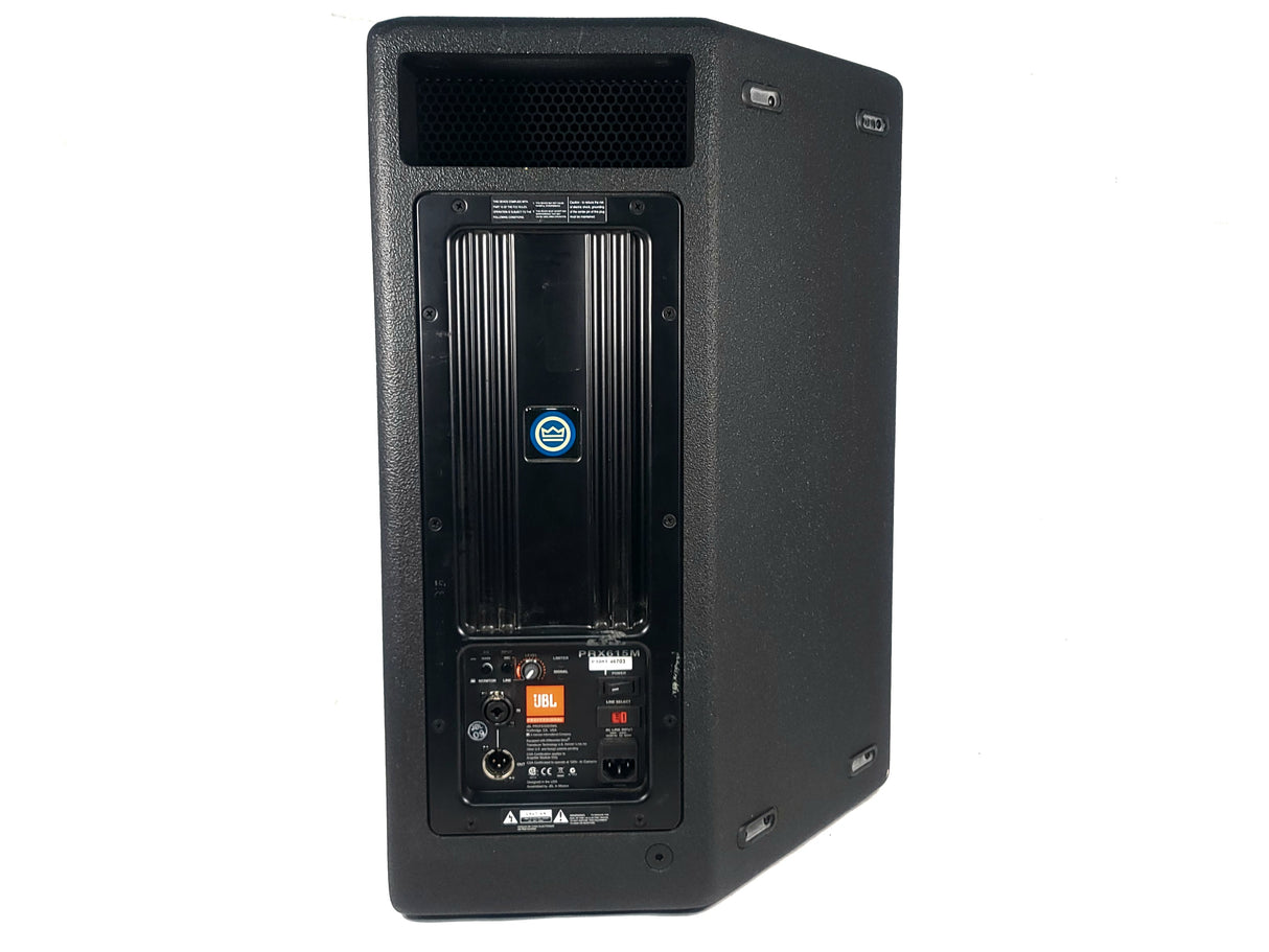 (2) JBL PRX615M 15-inch Two-Way Self-Powered Speakers in Wheeled Road Case