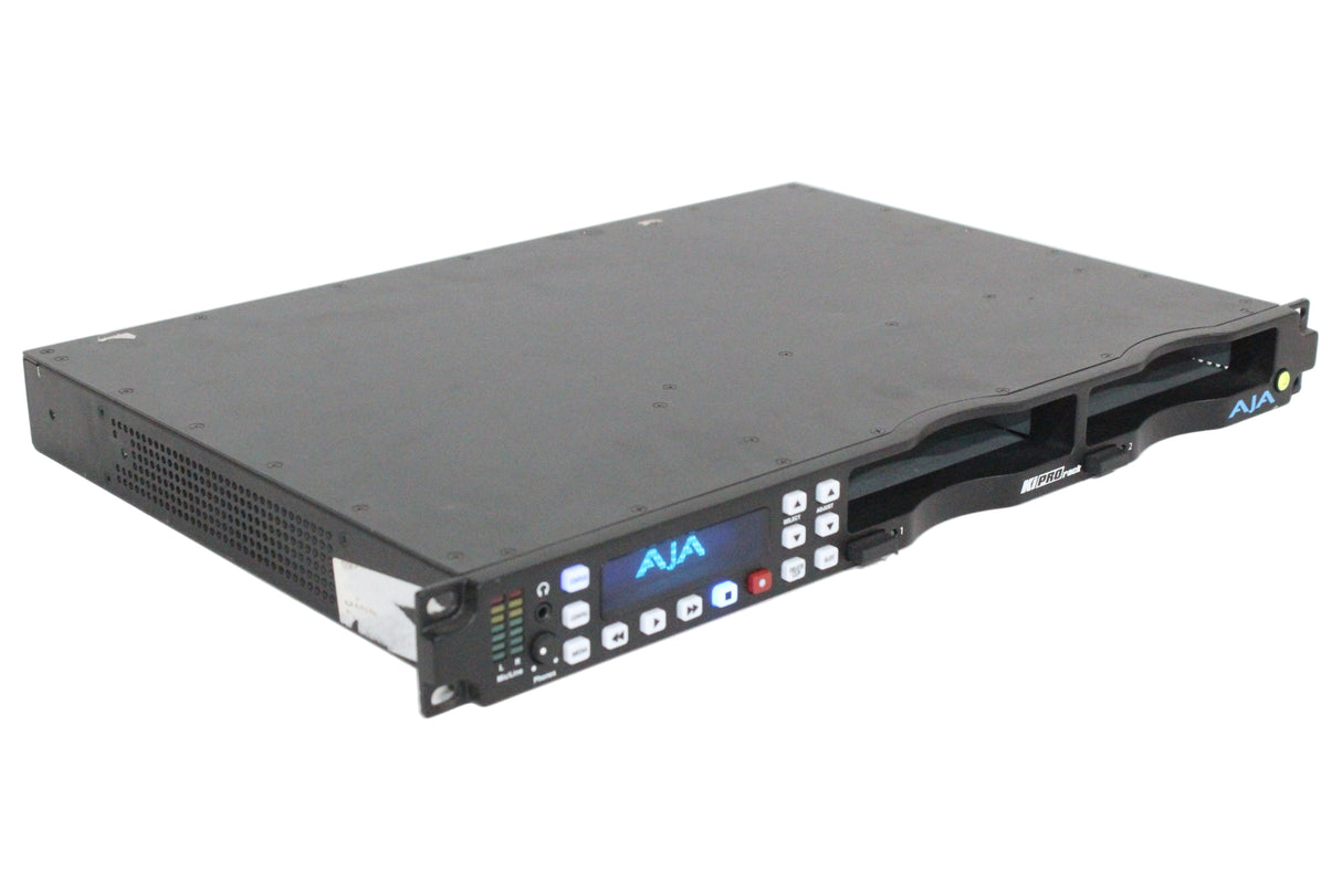 A black AJA Ki Pro Rack File Based 1RU HD/SD Recorder and Player with front panel visible, showing brand logo and control buttons.