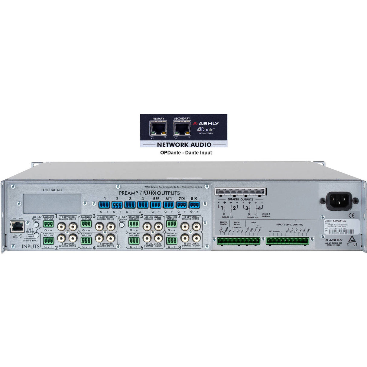 Ashly PEMA 4125D 4-Channel Power Amplifier plus OPDante Option Card, 125W at 4 Ohms, 8x8 DSP Matrix, CobraNet