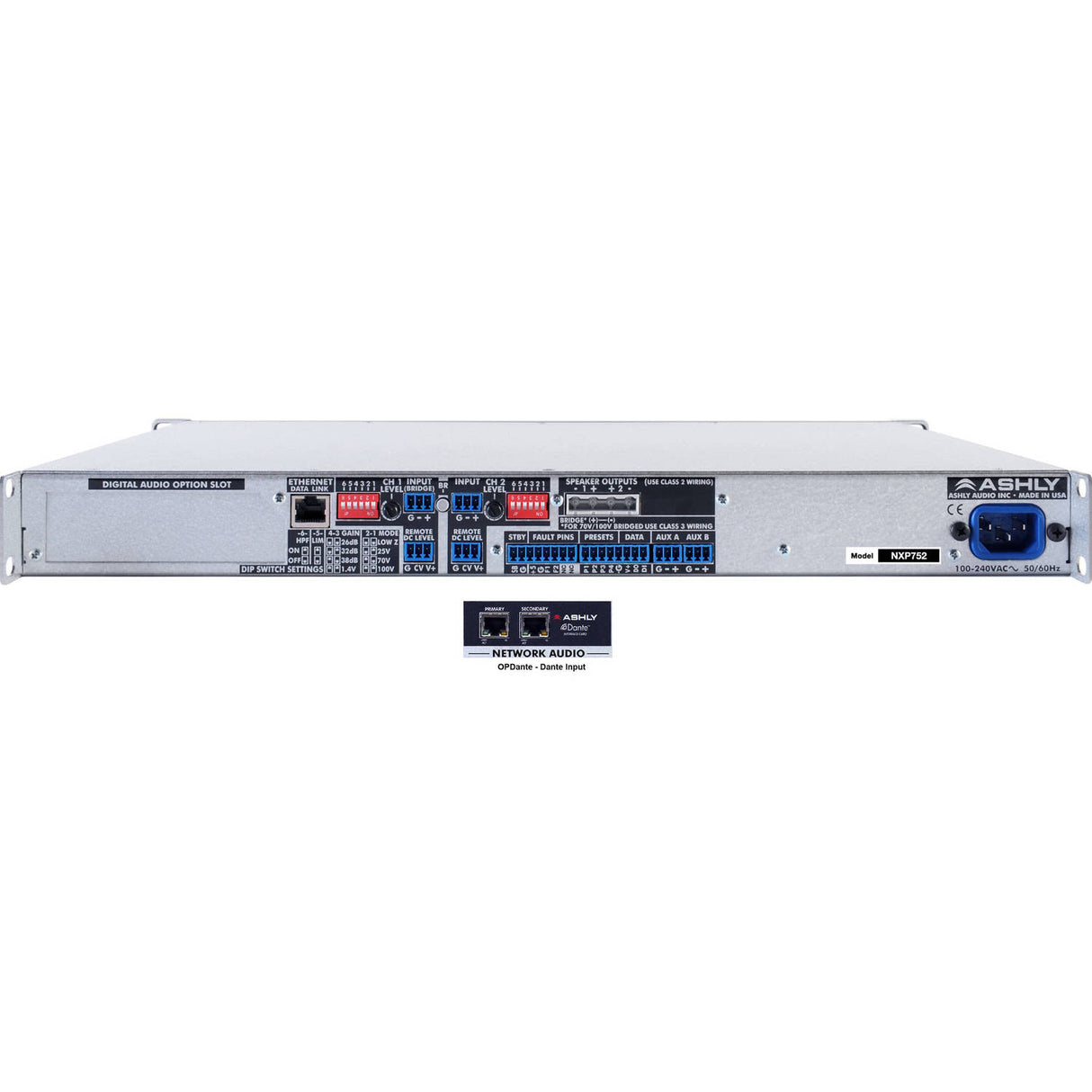 Ashly nXp752D 2-Channel Network Power Amplifier 75W at 2 Ohms with Protea DSP & OPDante Card