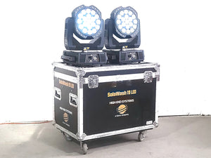 (2) High End Systems Solawash 19 LED Moving Head Light w/ (4) Mounting Brackets, (2) PSU Cables & (2) Safety Cables in Wheeled Hard Case