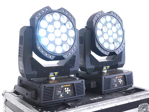 (2) High End Systems Solawash 19 LED Moving Head Light w/ (4) Mounting Brackets, (2) PSU Cables & (2) Safety Cables in Wheeled Hard Case