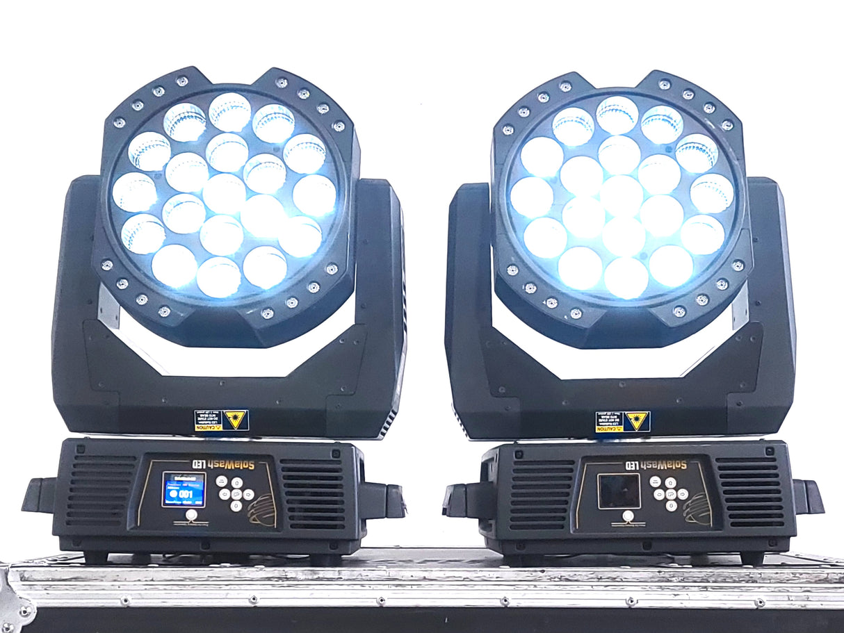 (2) High End Systems Solawash 19 LED Moving Head Light w/ (4) Mounting Brackets, (2) PSU Cables & (2) Safety Cables in Wheeled Hard Case
