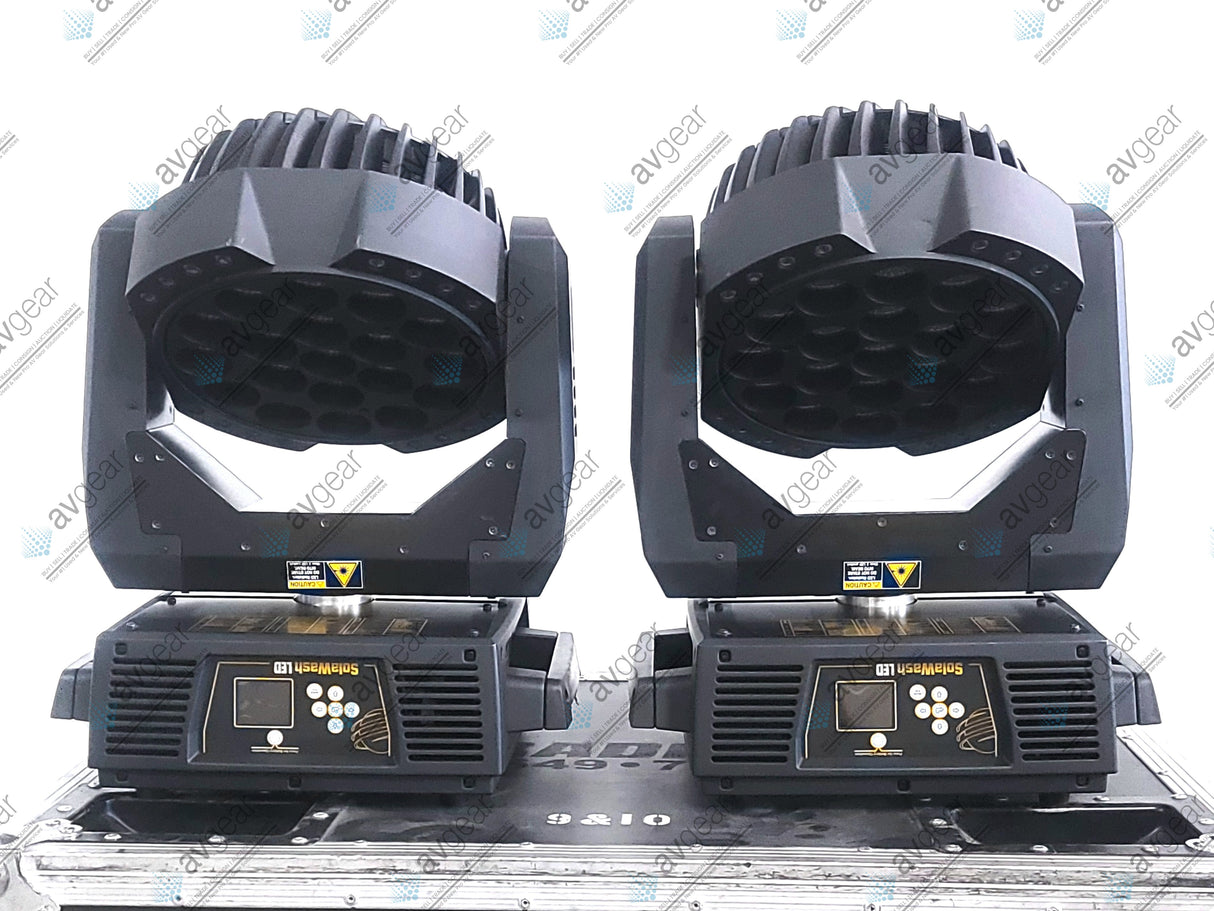 (2) High End Systems Solawash 19 LED Moving Head Light w/ (4) Mounting Brackets, (2) PSU Cables & (2) Safety Cables in Wheeled Hard Case