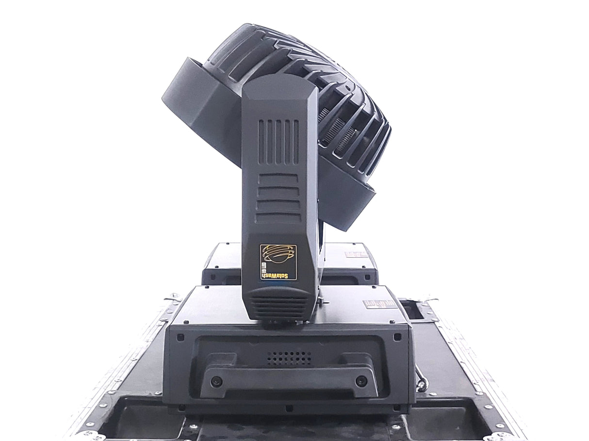 (2) High End Systems Solawash 19 LED Moving Head Light w/ (4) Mounting Brackets, (2) PSU Cables & (2) Safety Cables in Wheeled Hard Case