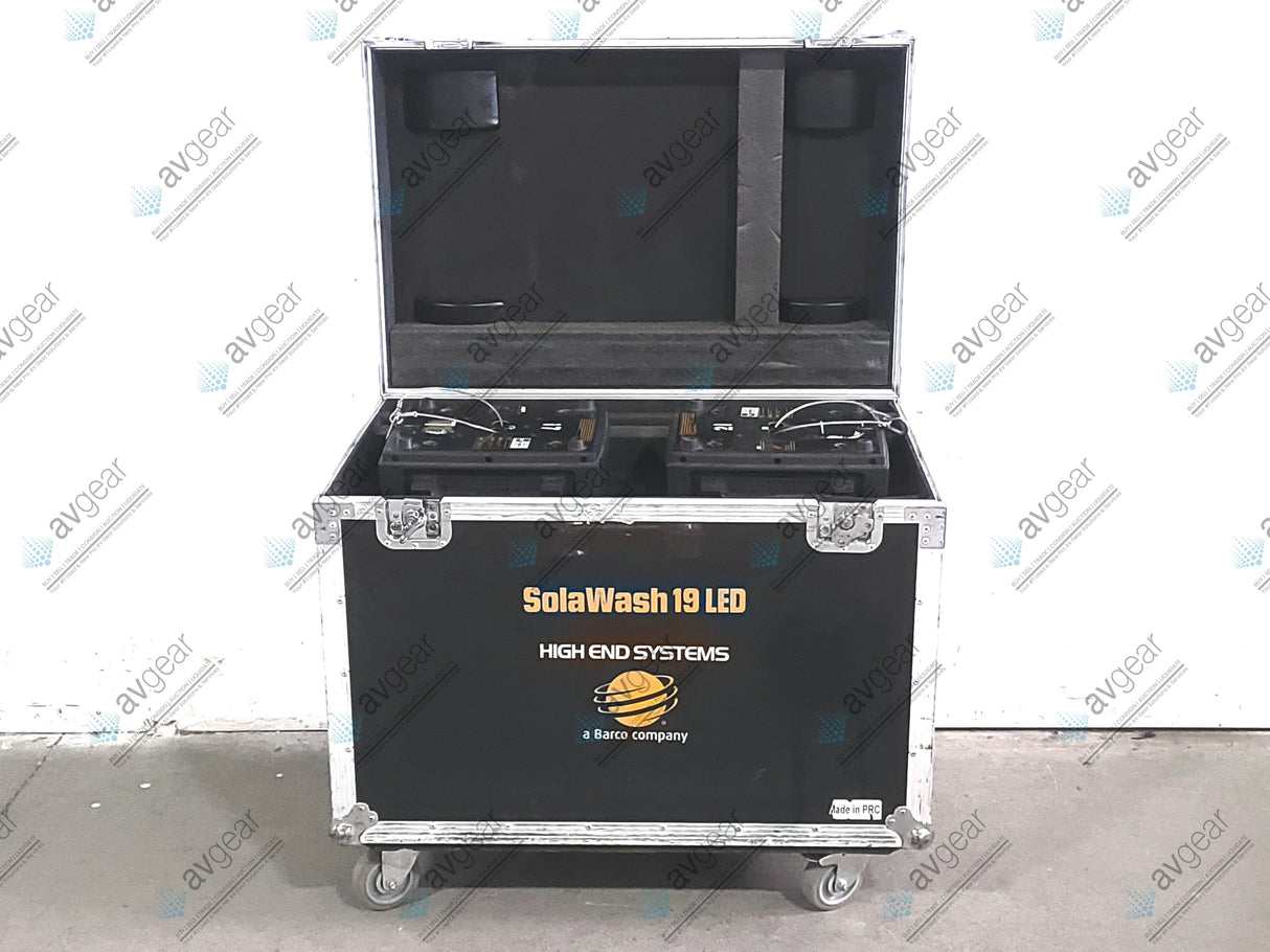 (2) High End Systems Solawash 19 LED Moving Head Light w/ (4) Mounting Brackets, (2) PSU Cables & (2) Safety Cables in Wheeled Hard Case
