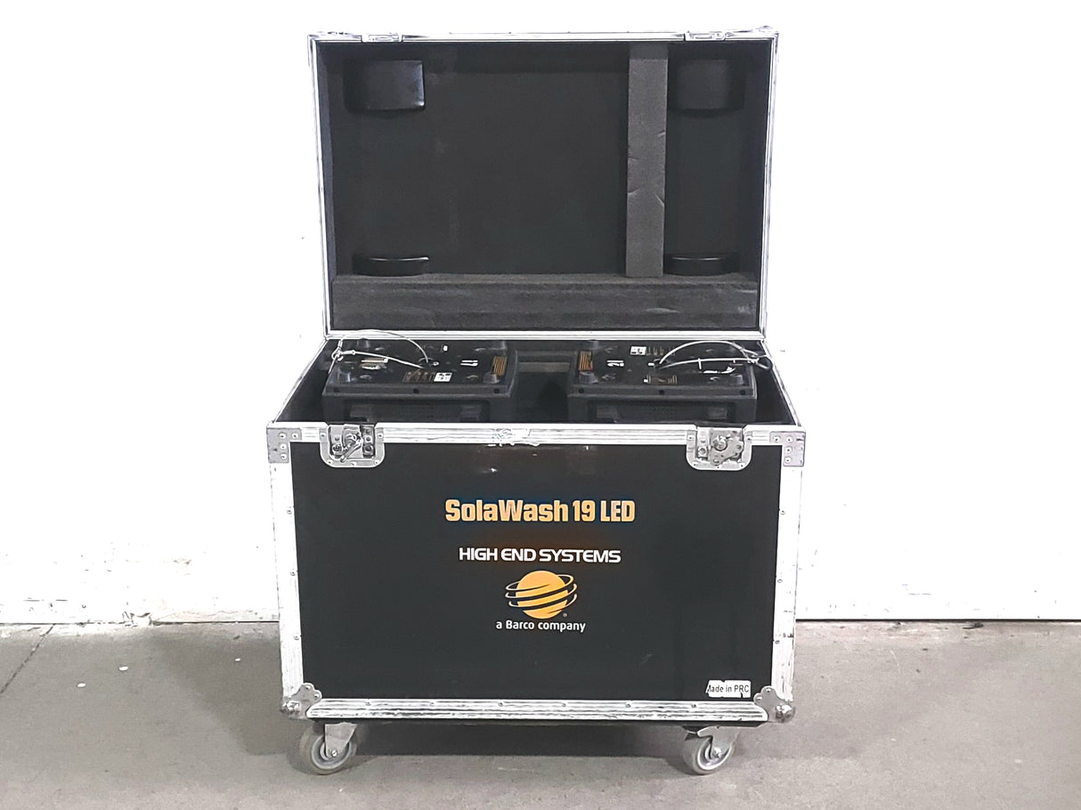 (2) High End Systems Solawash 19 LED Moving Head Light w/ (4) Mounting Brackets, (2) PSU Cables & (2) Safety Cables in Wheeled Hard Case