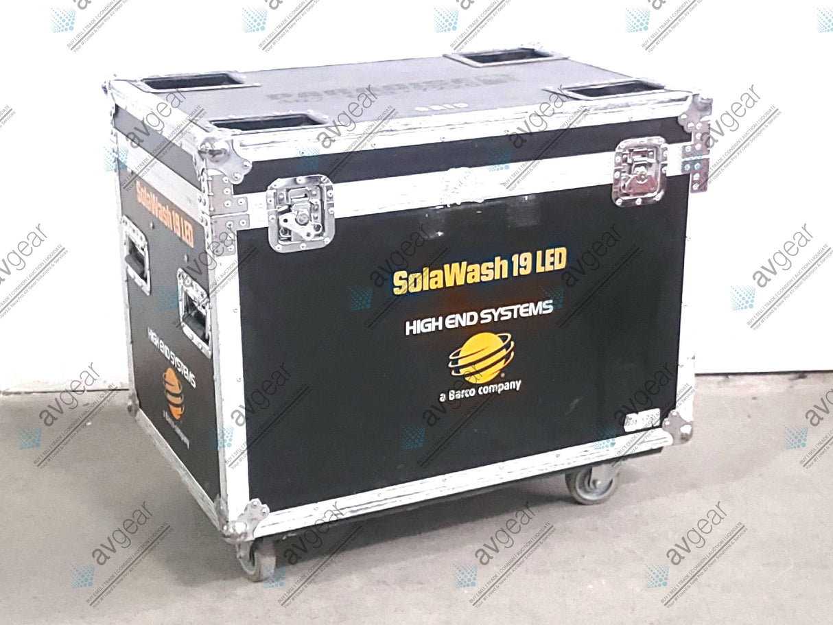 (2) High End Systems Solawash 19 LED Moving Head Light w/ (4) Mounting Brackets, (2) PSU Cables & (2) Safety Cables in Wheeled Hard Case