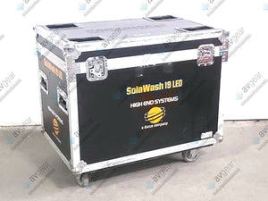 (2) High End Systems Solawash 19 LED Moving Head Light w/ (4) Mounting Brackets, (2) PSU Cables & (2) Safety Cables in Wheeled Hard Case