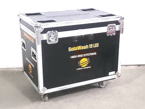 (2) High End Systems Solawash 19 LED Moving Head Light w/ (4) Mounting Brackets, (2) PSU Cables & (2) Safety Cables in Wheeled Hard Case