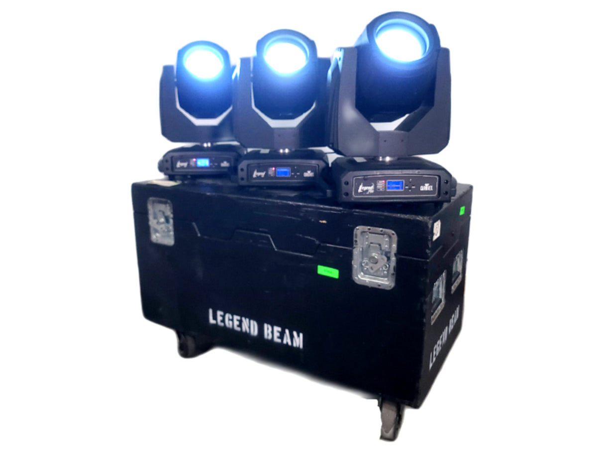 (3) Chauvet Legend P230SR Beam Moving Head Lights (1100,1159 ,1030 Hours)  w/ (6) Mounting Brackets, (3) Safety Cable, in Wheeled Road Case