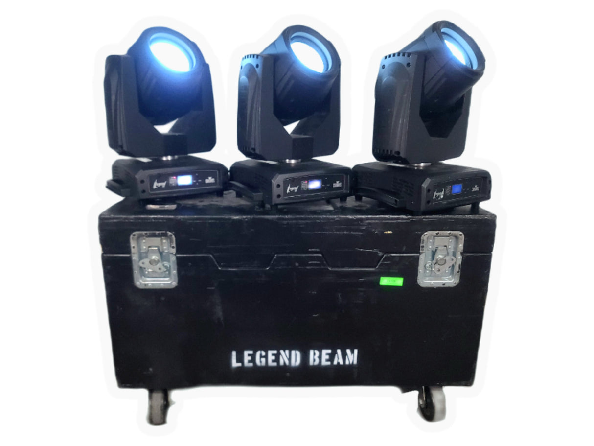 (3) Chauvet Legend P230SR Beam Moving Head Lights (1100,1159 ,1030 Hours)  w/ (6) Mounting Brackets, (3) Safety Cable, in Wheeled Road Case