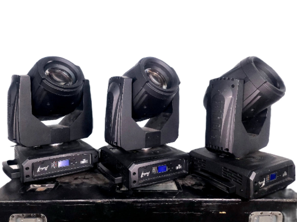 (3) Chauvet Legend P230SR Beam Moving Head Lights (1100,1159 ,1030 Hours)  w/ (6) Mounting Brackets, (3) Safety Cable, in Wheeled Road Case