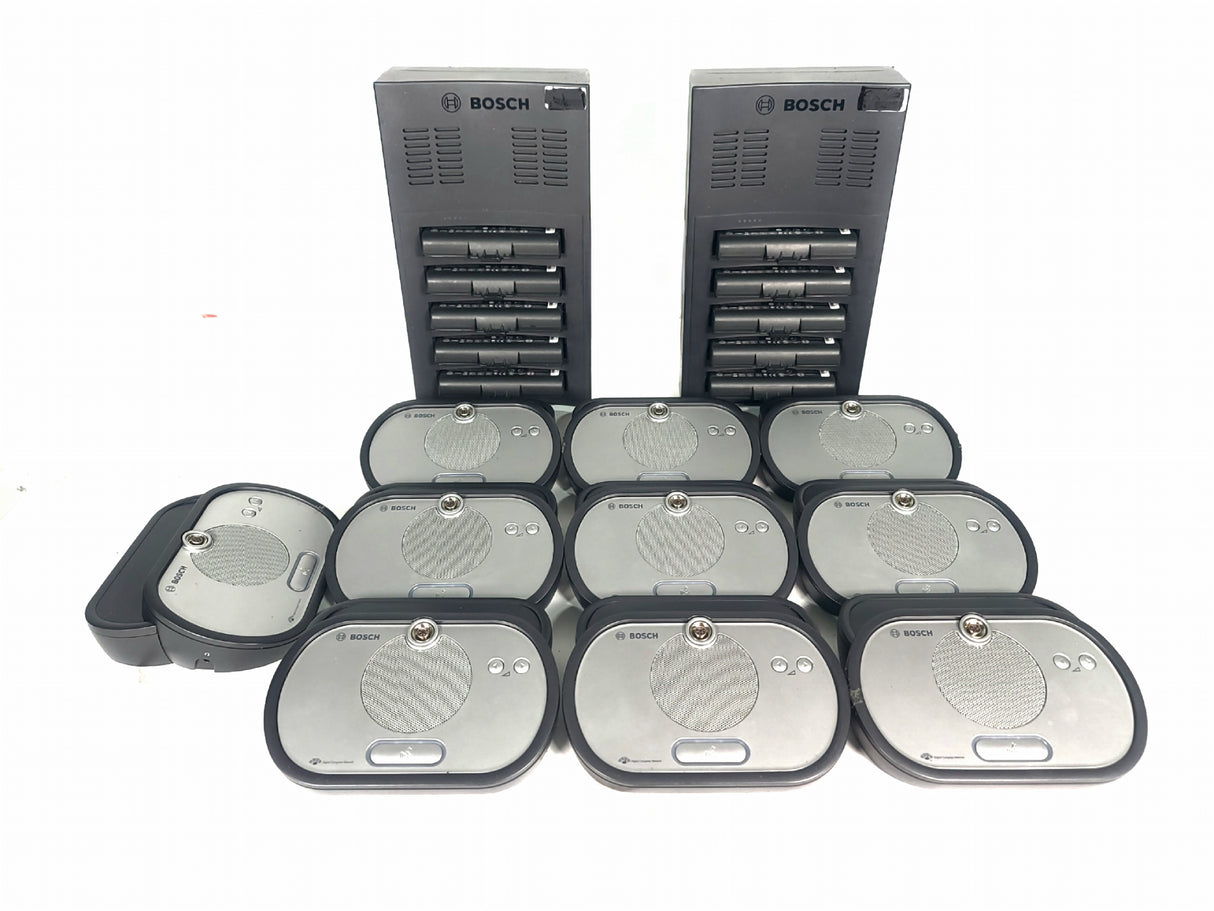 (10) Bosch DCN-WD-D Wireless Discussion Unit + (2) DCNM‑WCH05 Charger w/ 10 Battery Packs in Wheeled Hard Case