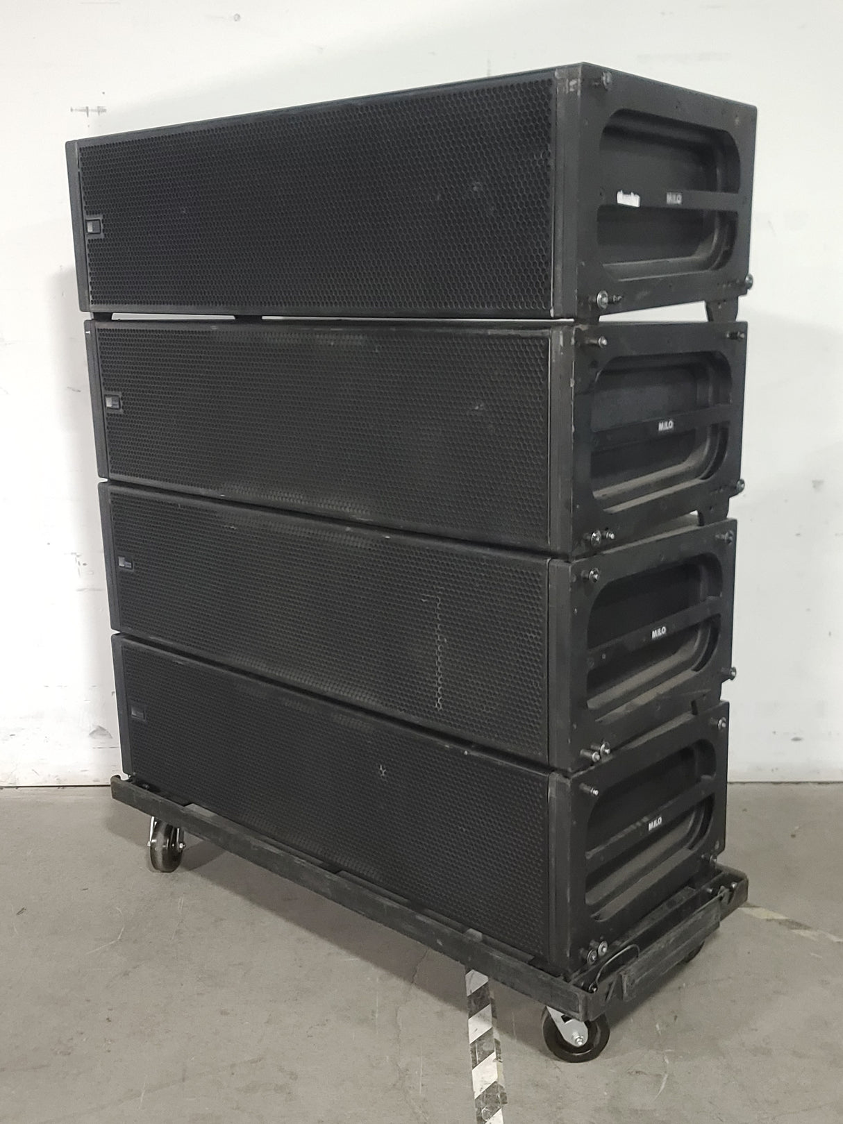 (4) Meyer Sound MILO Line Array Speakers (NEED REPAIRS) w/ Dolly and Soft Cover