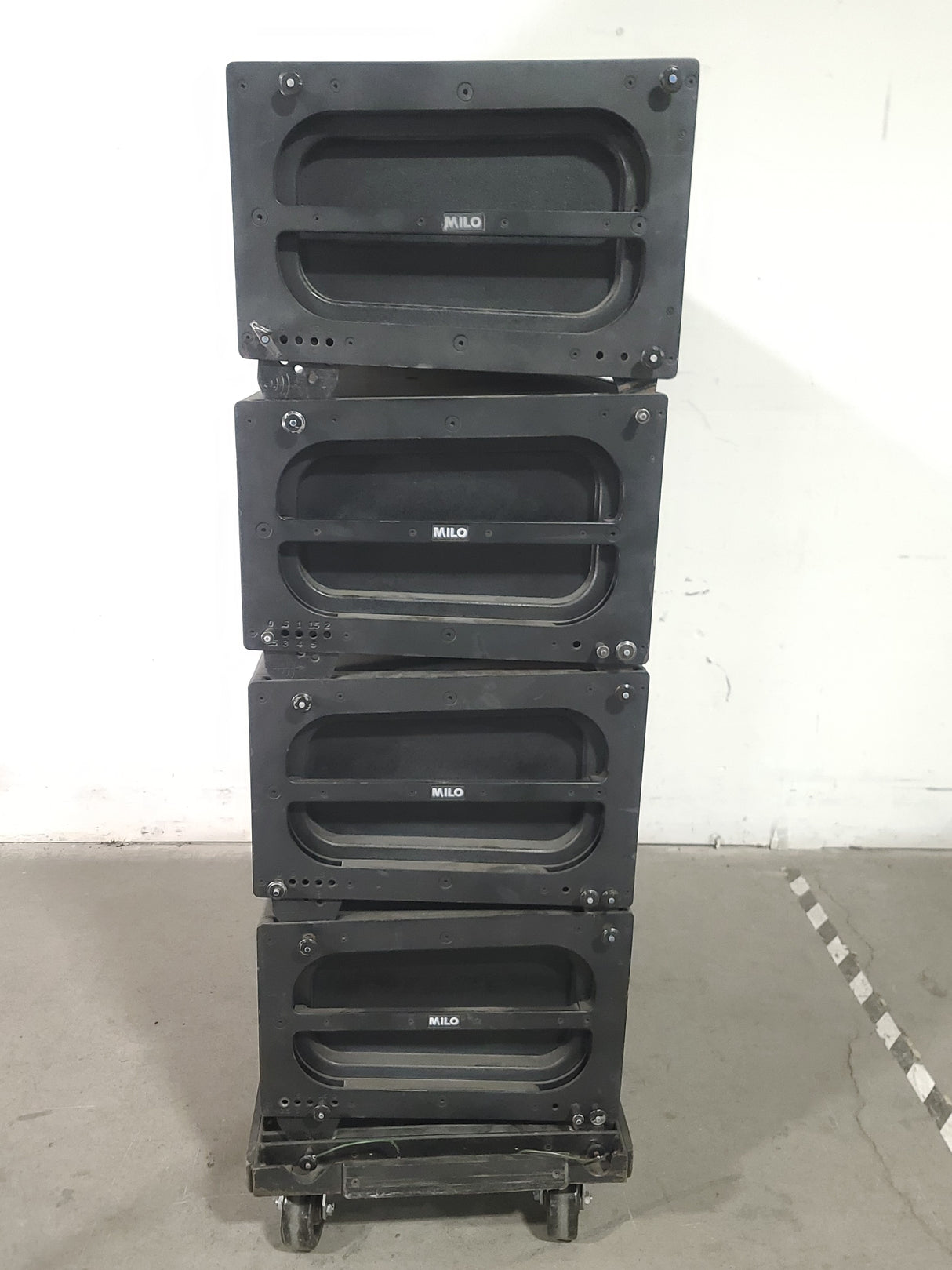 (4) Meyer Sound MILO Line Array Speakers (NEED REPAIRS) w/ Dolly and Soft Cover