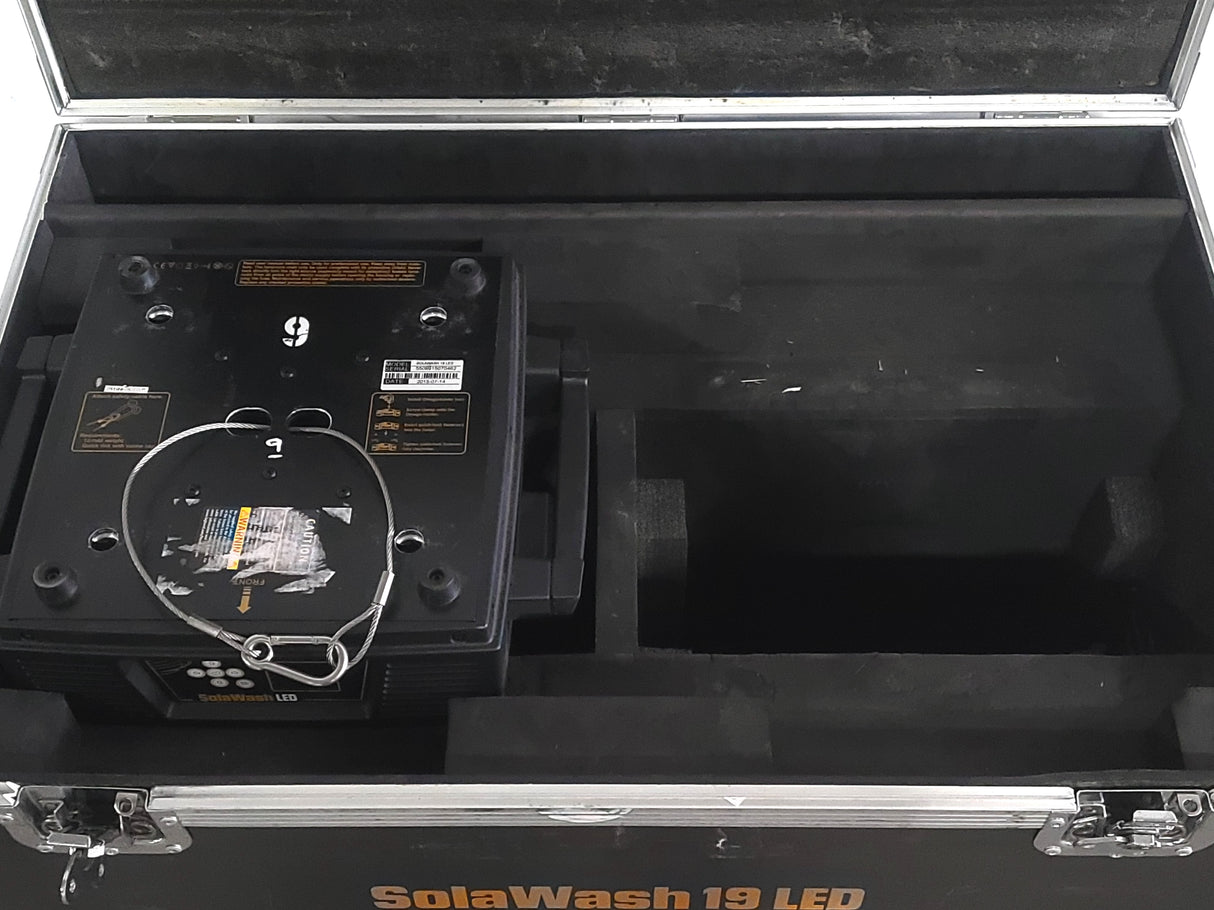 High End Systems Solawash 19 LED Moving Head Light w/ (2) Mounting Brackets, PSU Cables & Safety Cables in Wheeled Hard Case