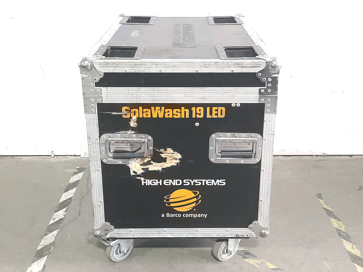High End Systems Solawash 19 LED Moving Head Light w/ (2) Mounting Brackets, PSU Cables & Safety Cables in Wheeled Hard Case