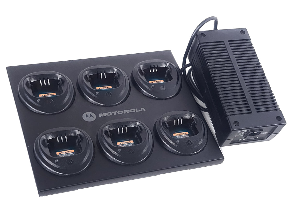 (6) Motorola CP200 Portable Two-Way Radios w/ 6-In-One Charging Bay (1 BAD DOCK) in Shipping Box