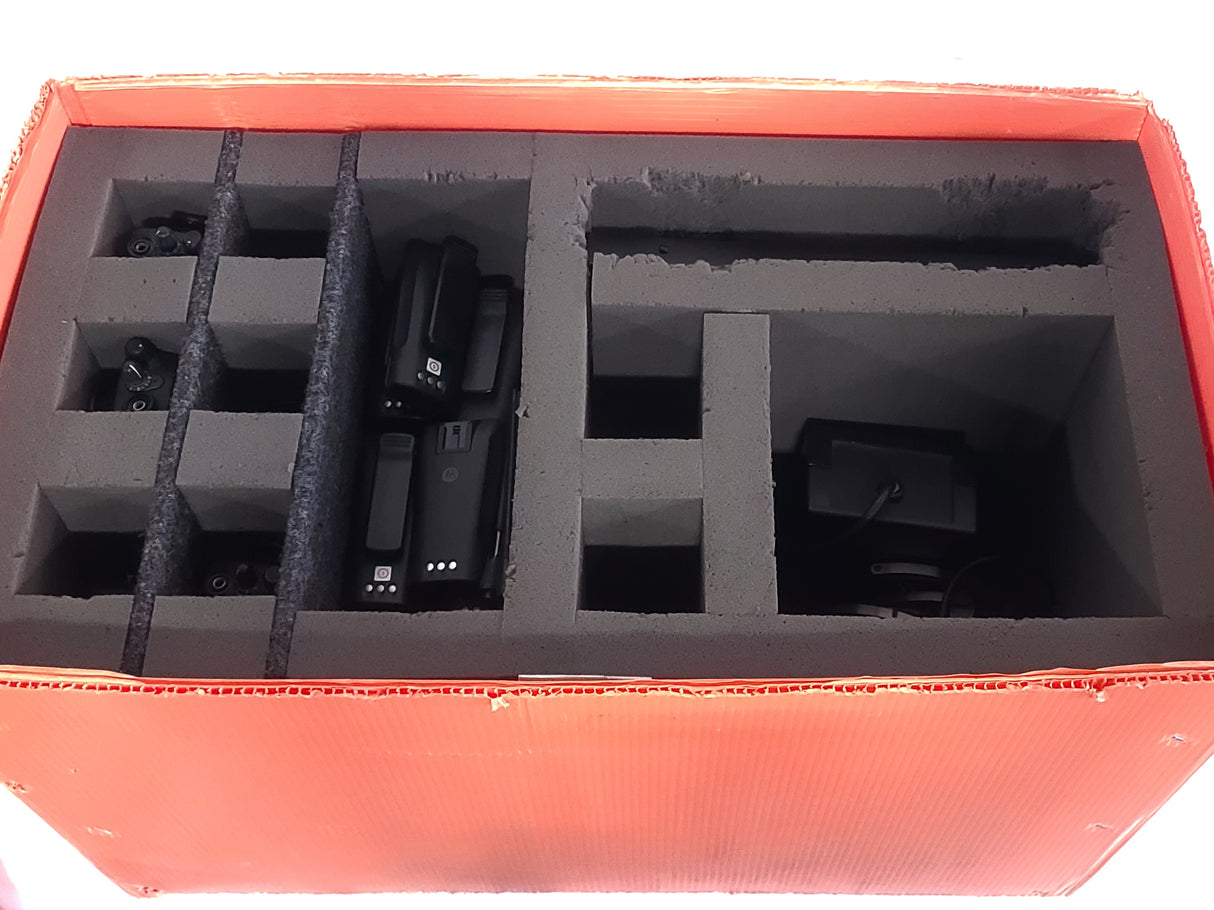 (6) Motorola CP200 Portable Two-Way Radios w/ 6-In-One Charging Bay (1 BAD DOCK) in Shipping Box