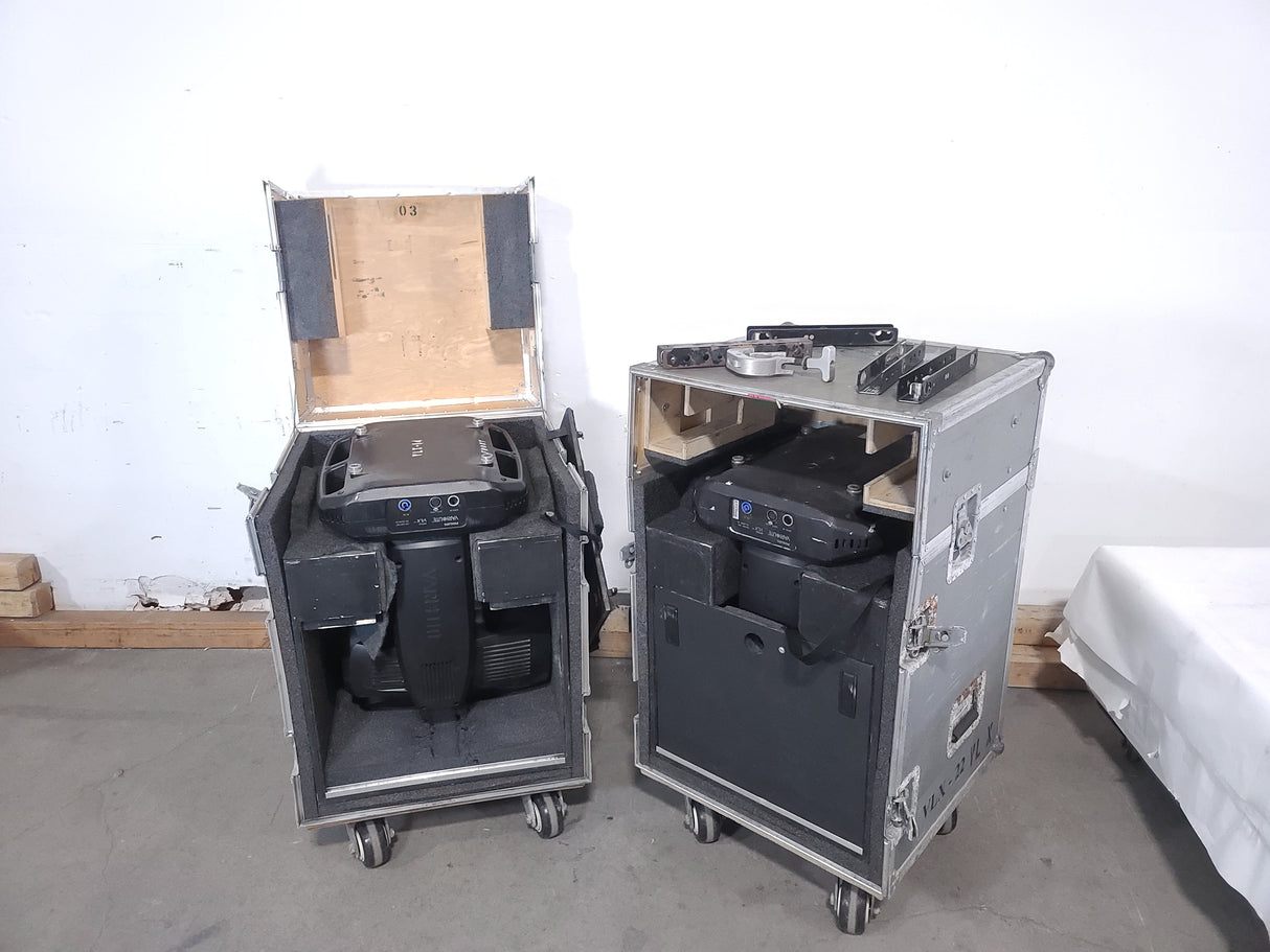 (2) Vari-Lite VLX Wash Moving Head Lights w/ (4) Mounting Brackets & Mounting Clamp in Wheeled Road Case