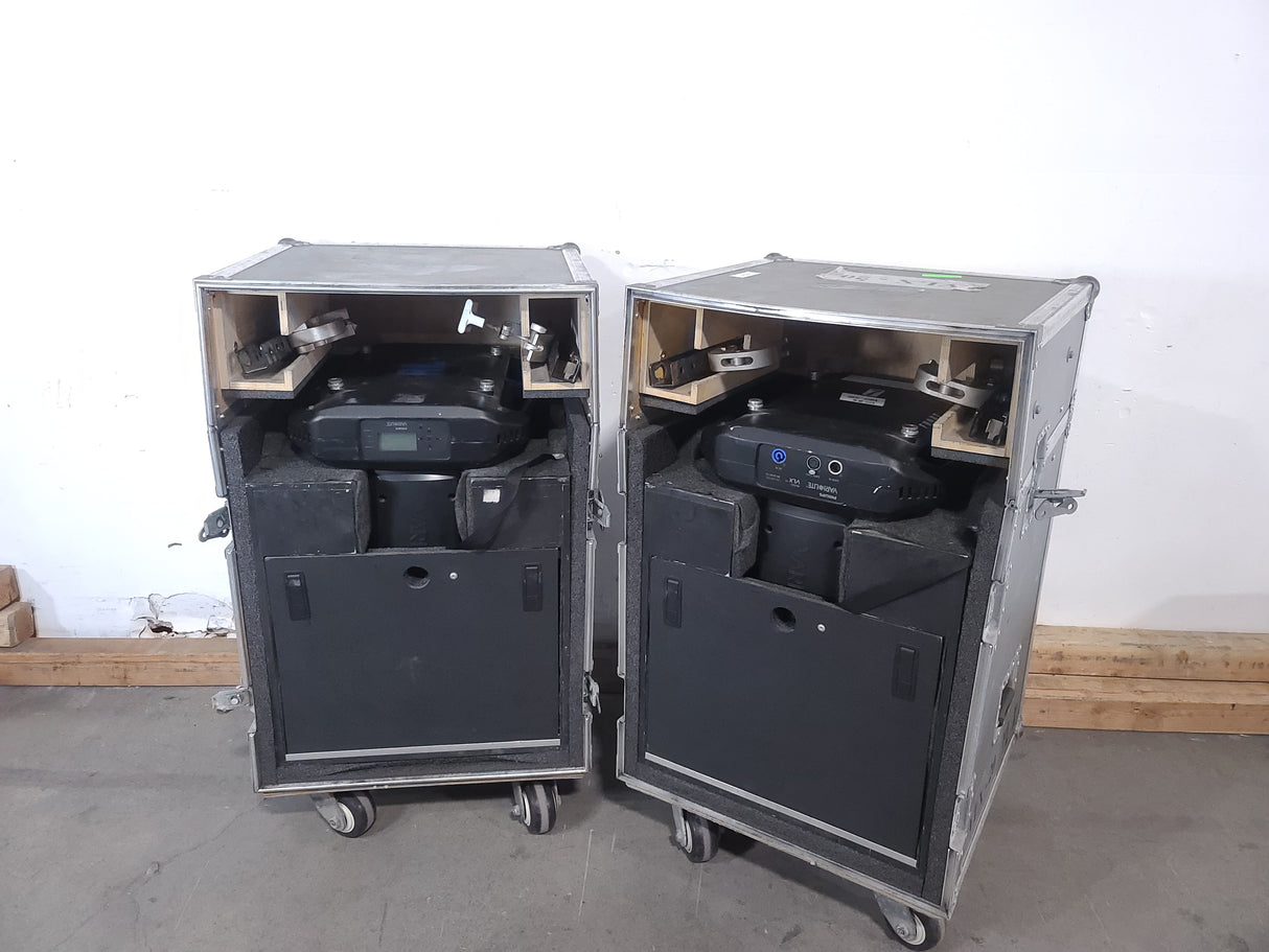 (2) Vari-Lite VLX Wash Moving Head Lights w/ (4) Mounting Brackets & (4) Mounting Clamp in Wheeled Road Case