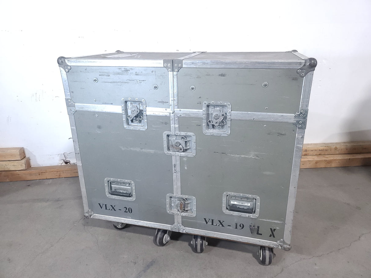 (2) Vari-Lite VLX Wash Moving Head Lights w/ (4) Mounting Brackets & (4) Mounting Clamp in Wheeled Road Case