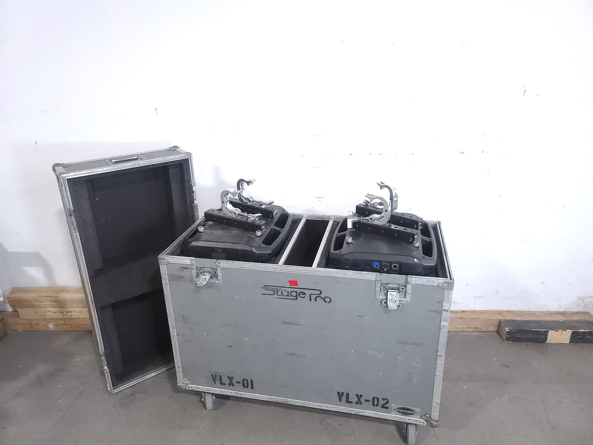(2) Vari-Lite VLX Wash Moving Head Lights w/ (4) Mounting Brackets & (4) Mounting Clamp in Wheeled Road Case